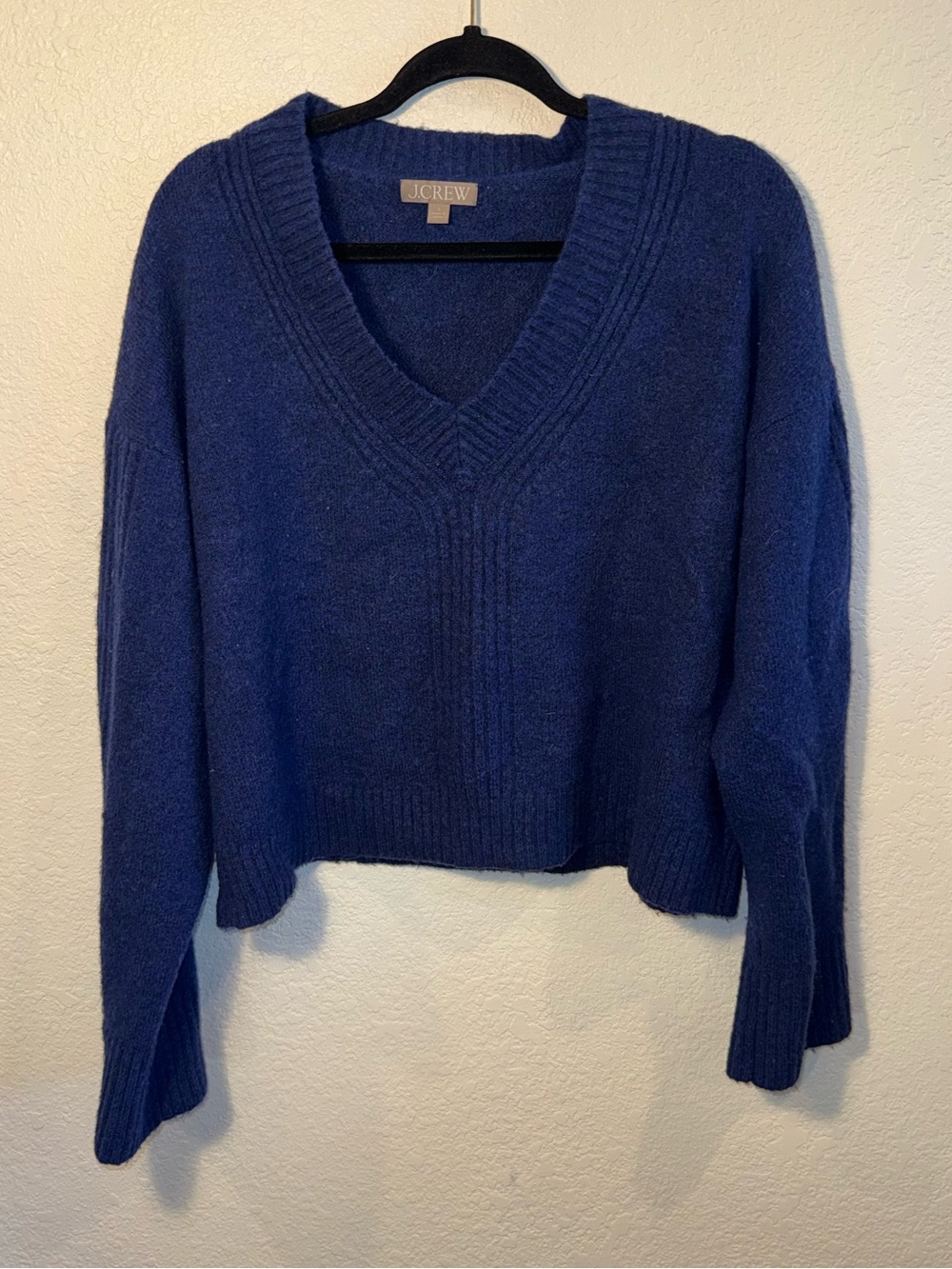 J. Crew Wool Blend Blue Knit V-Neck Ribbed Cozy Sweater Size Large
